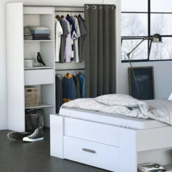 Demeyere Dressing Extensible Blanc Perle Avec Rideau Taupe -Demeyere Le mobilier Boutique armoire placard extensible avec rideau blanc perle 2