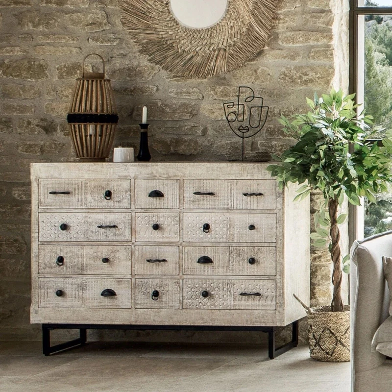 Commode 12 Tiroirs Ajay Manguier Sculpté Atmosphera 2 Commode 12 Tiroirs Ajay Manguier Sculpté Atmosphera – Image 2