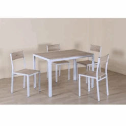 Ensemble Table + 4 Chaises Métal Blanc Et Effet Bois Clair
