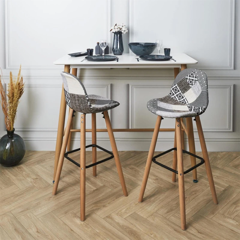 Tabouret De Bar Patchwork Gris Pieds Bois 5 Tabouret De Bar Patchwork Gris Pieds Bois – Image 5
